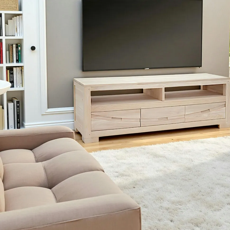 Meuble TV Hévéa 3 tiroirs, 2 niches 130x45x45cm NIAGARA
