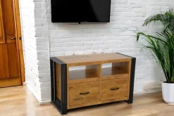 Meuble TV hévéa recyclé naturel et métal noirci 2 tiroirs 2 niches 90X40X55cm DOCKER