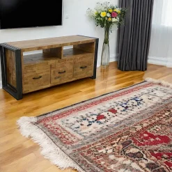 Meuble TV hévéa recyclé naturel et métal noirci 2 tiroirs 2 niches 90X40X55cm DOCKER