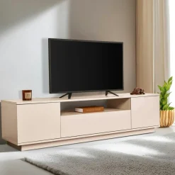 Meuble TV moderne 3 portes nude et effet travertin MARFA