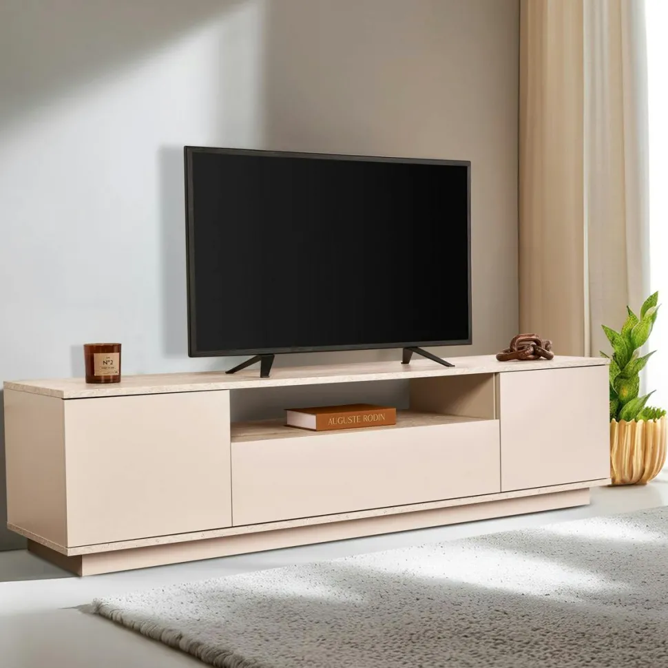 Meuble TV moderne 3 portes nude et effet travertin MARFA