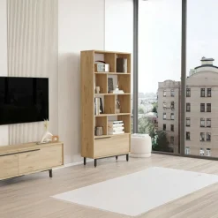 Meuble TV moderne effet bois clair - 2 niches traversantes JENA