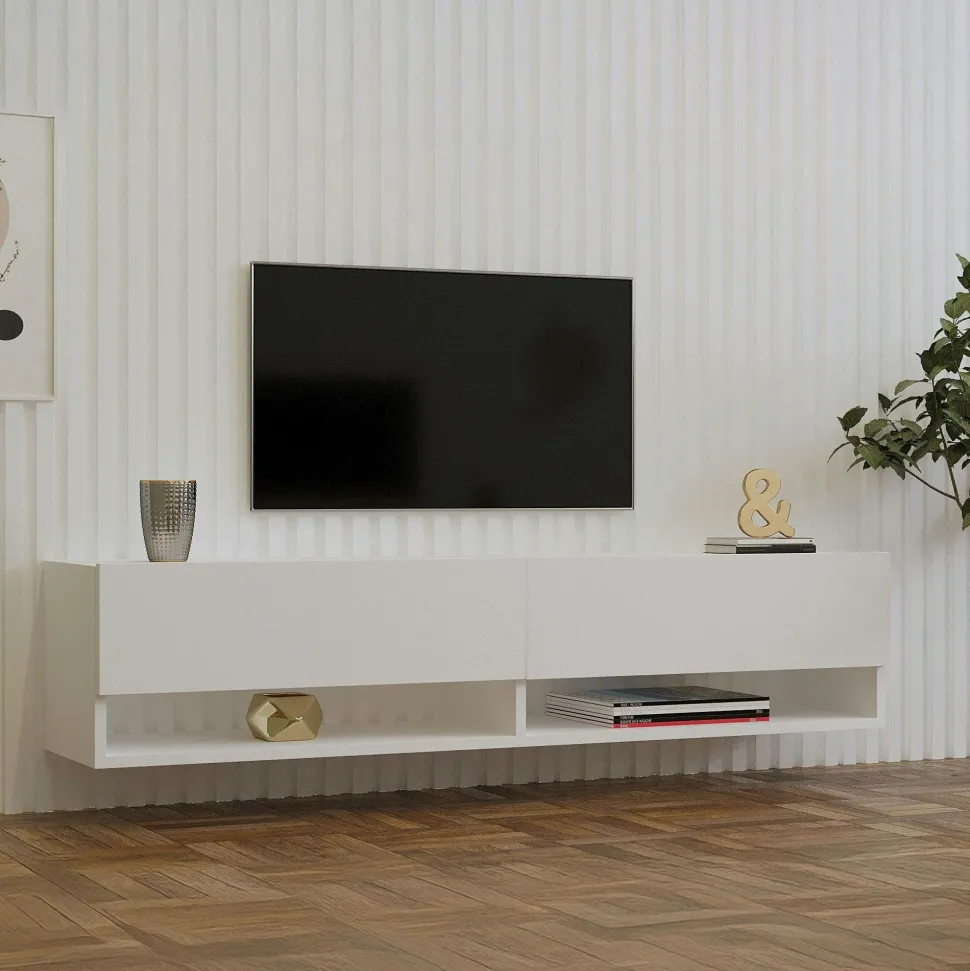 Meuble TV mural blanc - 2 niches ouvertes et 2 portes MARFA