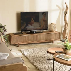 Meuble TV ovale en teck recyclé façade fibre de coco SWING