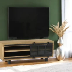 Meuble TV pin brossé porte coulissante IASI