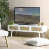 Meuble TV scandinave bois blanc 3 tiroirs rotin CALVIA