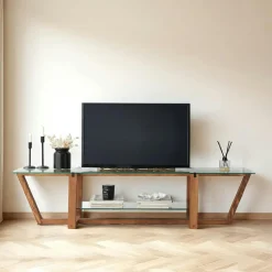 Meuble TV verre trempé bois foncé - 158 cm 2 niveaux LHASA