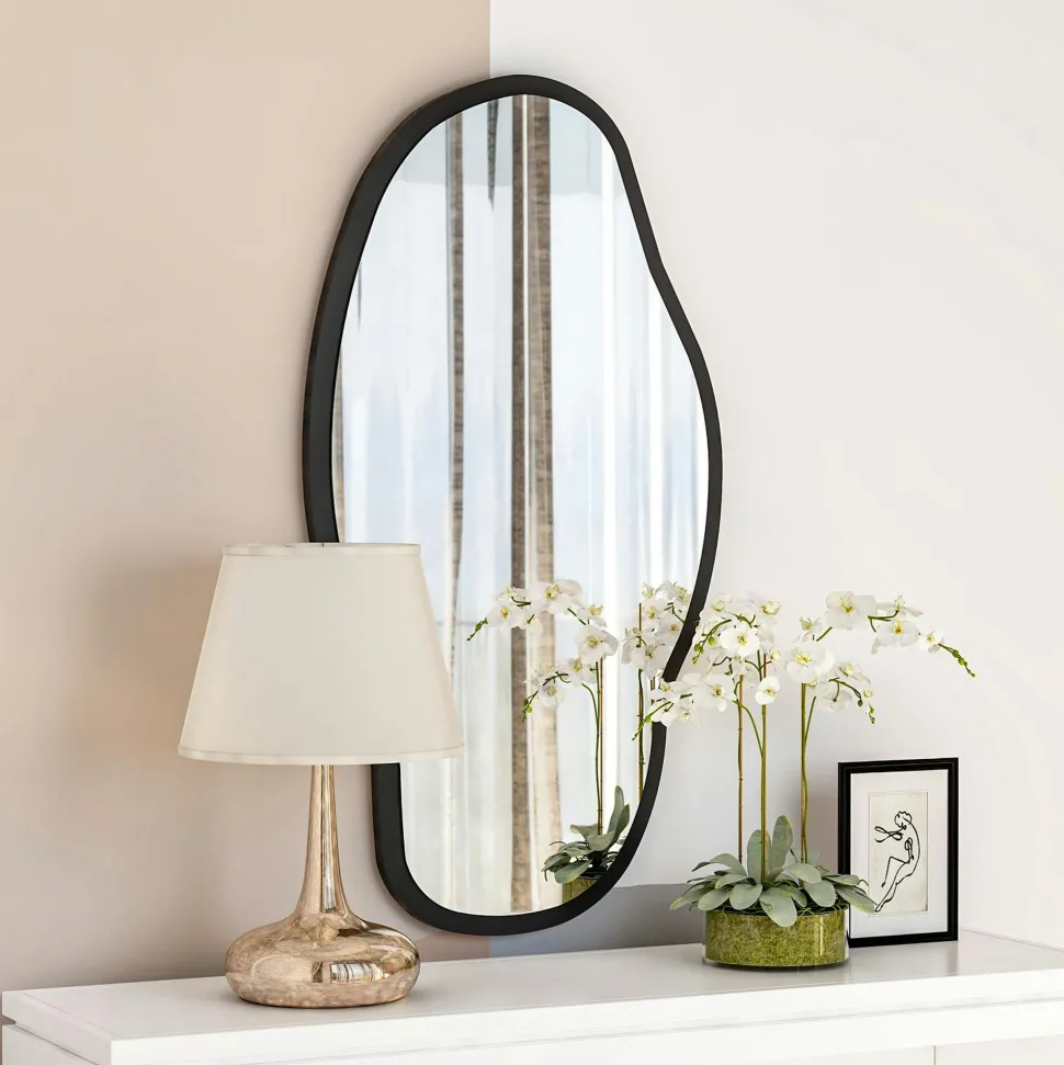Miroir d'entrée rond avec étagère en bois brun HILO