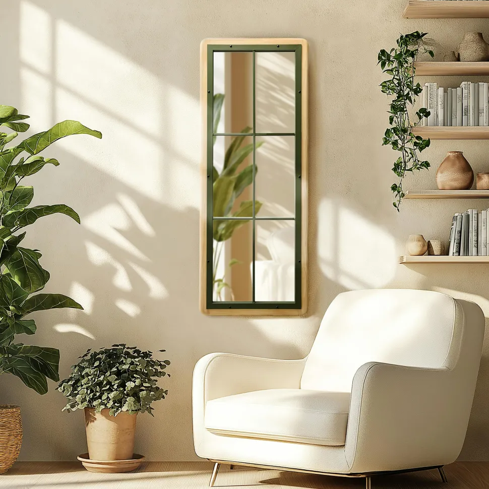 Miroir fenêtre pin et métal vert BAGAN