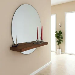Miroir rond avec étagère en bois brun HILO