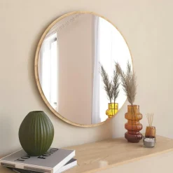 Miroir rond moderne avec cadre effet bois clairØ60 cm CODY