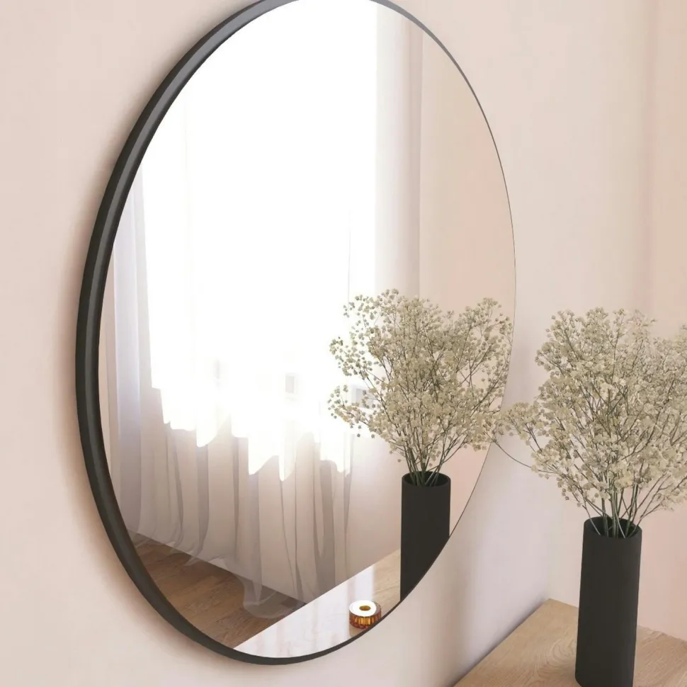 Miroir rond moderne avec cadre effet noyerØ60 cm CODY