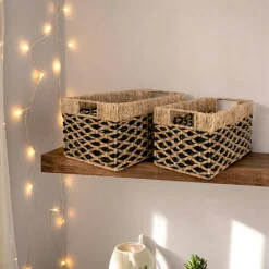 Panier de rangement déco en jonc de mer noir et naturel (lot de 2)