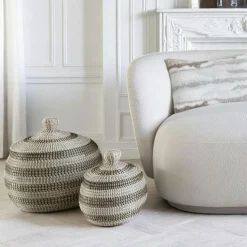 Panier de rangement déco forme ronde avec couvercle (lot de 2)