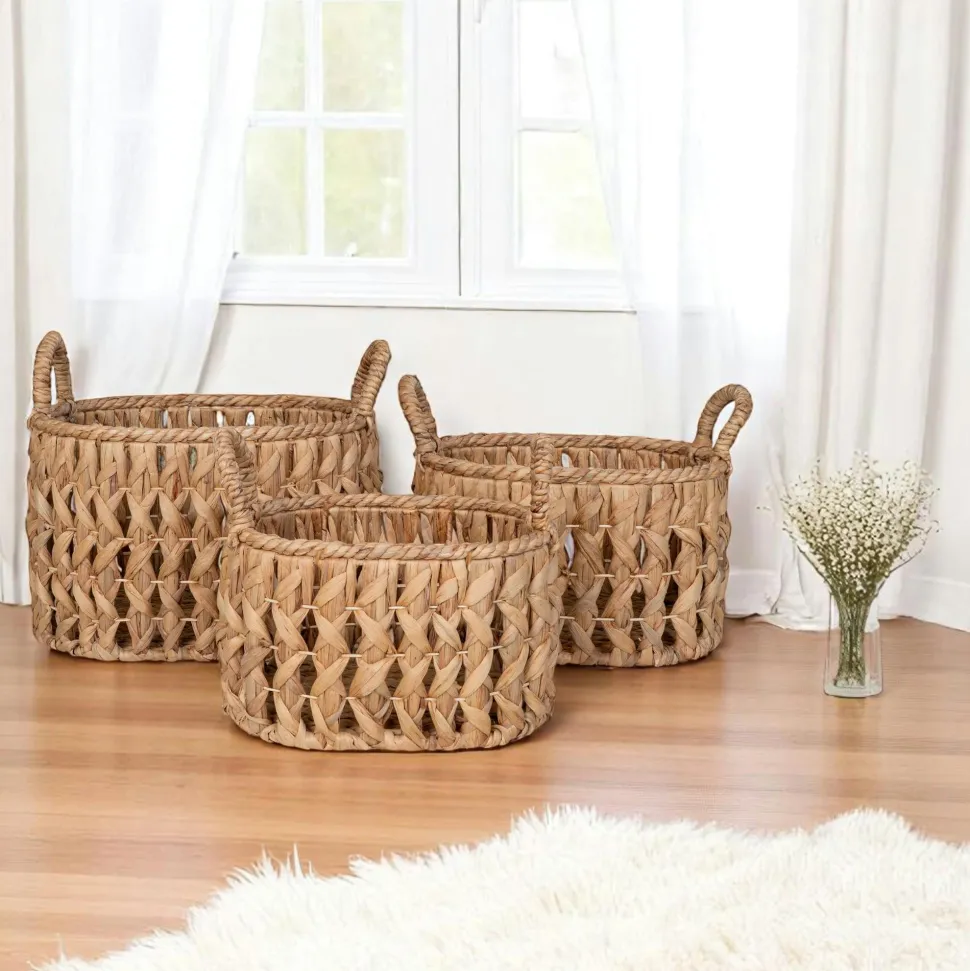 Panier de rangement en jacinthe d'eau, motif tresse (lot de 3)