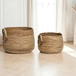 Panier de rangement rond avec poignées, en feuille de bananier (lot de 2)