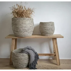 Panier de rangement rond en fibre de maïs, couleur grise (lot de 3)