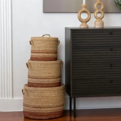 Panier tressé en jonc de mer pour rangement maison, tons bruns (lot de 3)