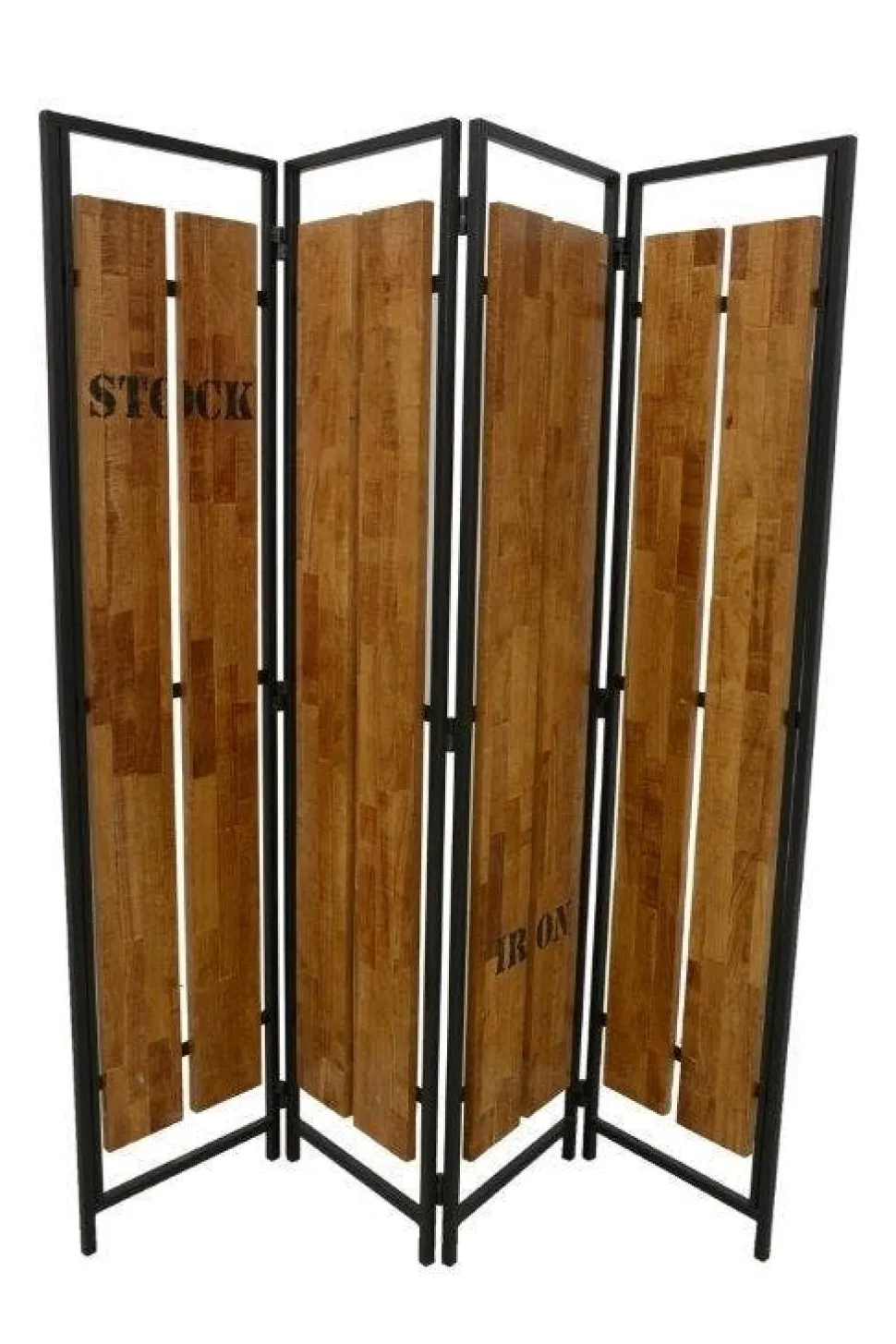 Paravent 4 panneaux hévéa recyclé naturel et métal noirci 160X170cm DOCKER