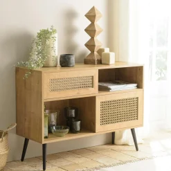 Petit buffet bois et rotin 2 portes coulissantes ALCUDIA