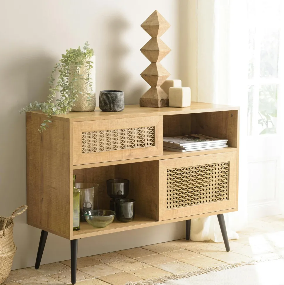 Petit buffet bois et rotin 2 portes coulissantes ALCUDIA
