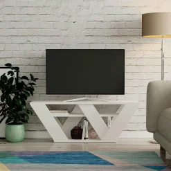 Petit meuble TV blanc avec rangement - pied en W MARFA