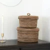Petit panier de rangement rond en feuille de bananier avec couvercle (lot de 2)