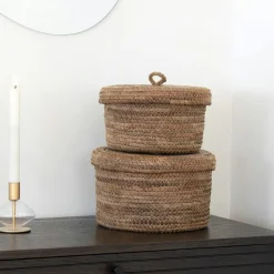 Petit panier de rangement rond en feuille de bananier avec couvercle (lot de 2)
