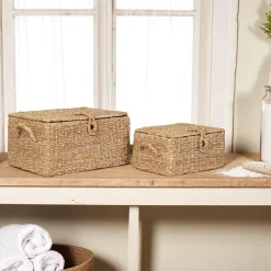 Petit panier de rangement rond en feuille de bananier avec couvercle (lot de 2)