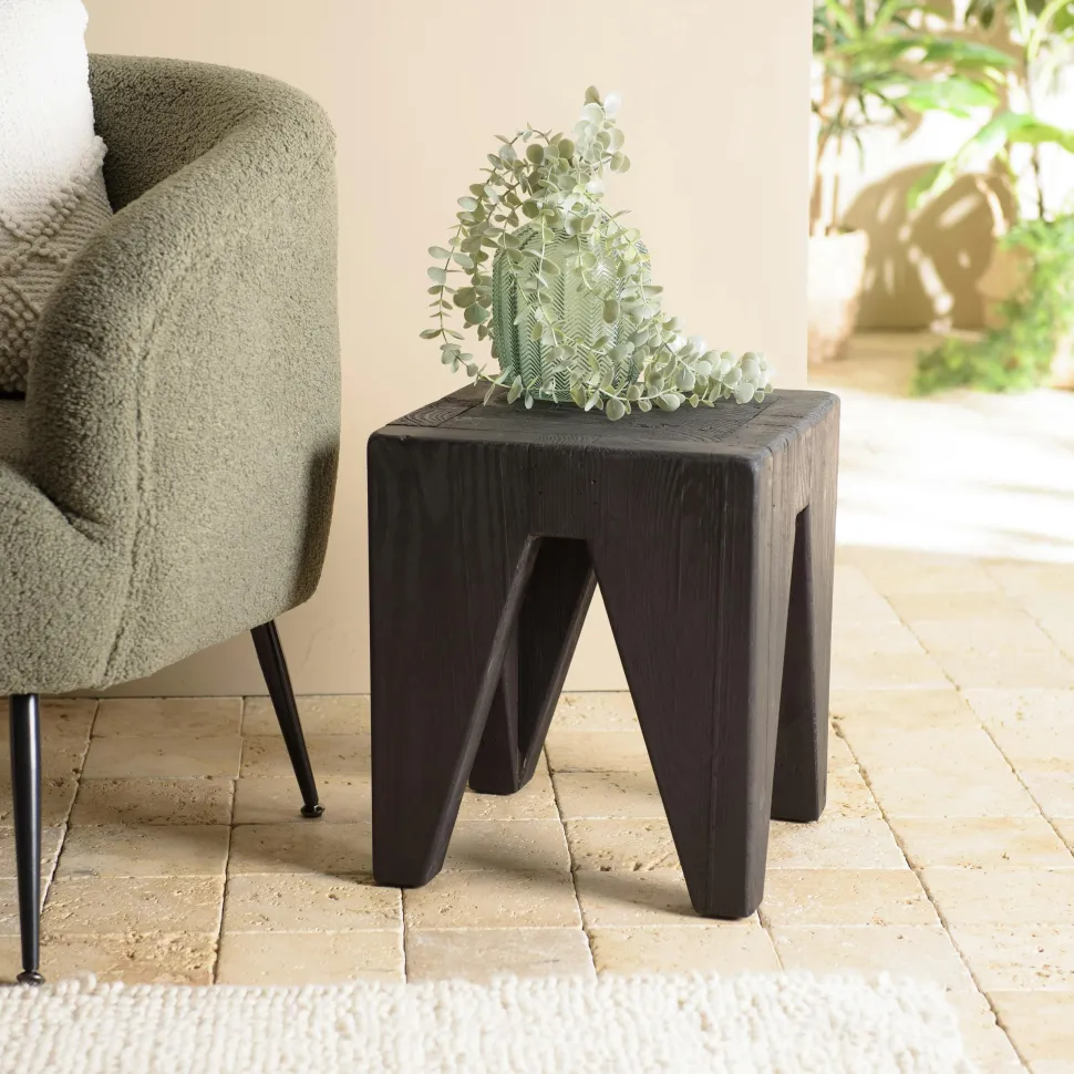 Petit tabouret pin recyclé noir CRACOVIE
