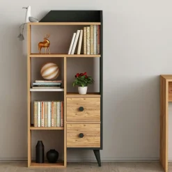 Petite bibliothèque de chambre effet bois, 2 tiroirs MARFA