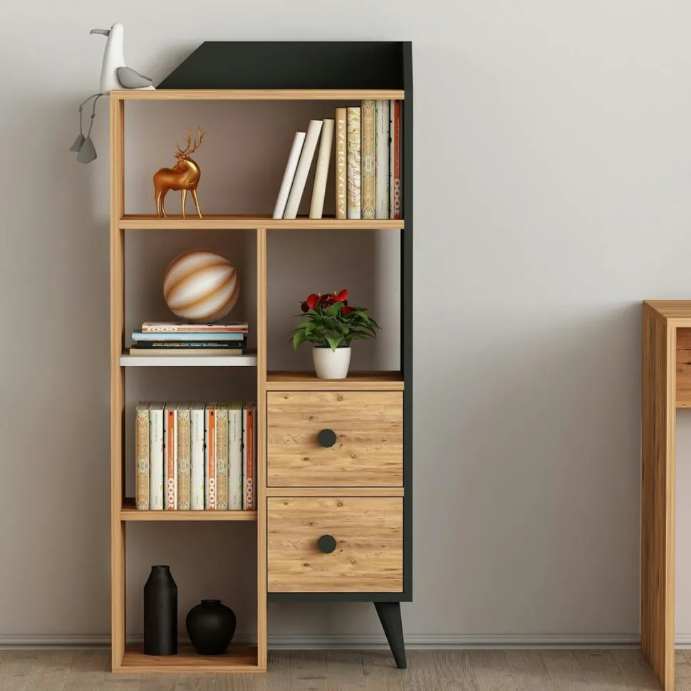 Petite bibliothèque de chambre effet bois, 2 tiroirs MARFA