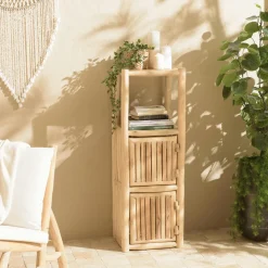 Petite colonne de rangement 3 niveaux rondins teck naturel MANAK