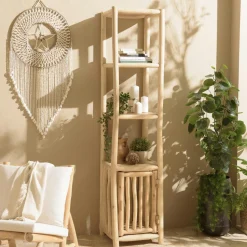 Petite colonne de rangement 3 niveaux rondins teck naturel MANAK