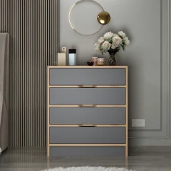Petite commode moderne 4 tiroirs effet noyer & gris BYRON