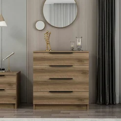 Petite commode moderne 4 tiroirs effet bois de noyer BYRON