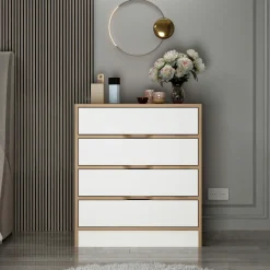 Petite commode moderne 4 tiroirs effet noyer & blanc BYRON