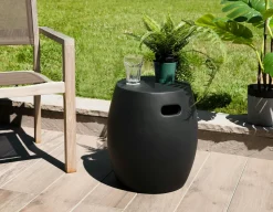 Petite table basse de jardin béton noir forme tonneau HERCULE