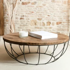 Petite table basse ronde teck recyclé structure filaire blanche SWING