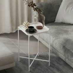 Petite table d’appoint blanche carrée, pieds croisés SFAX