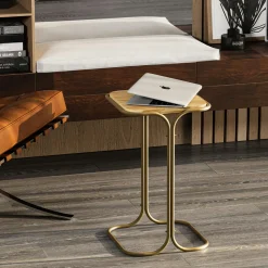 Petite table d'appoint dorée carrée - plateau bois clair JENA