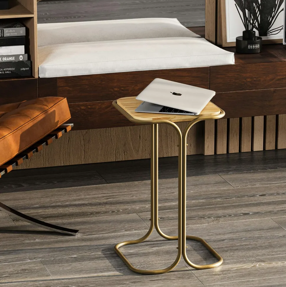 Petite table d'appoint dorée carrée - plateau bois clair JENA