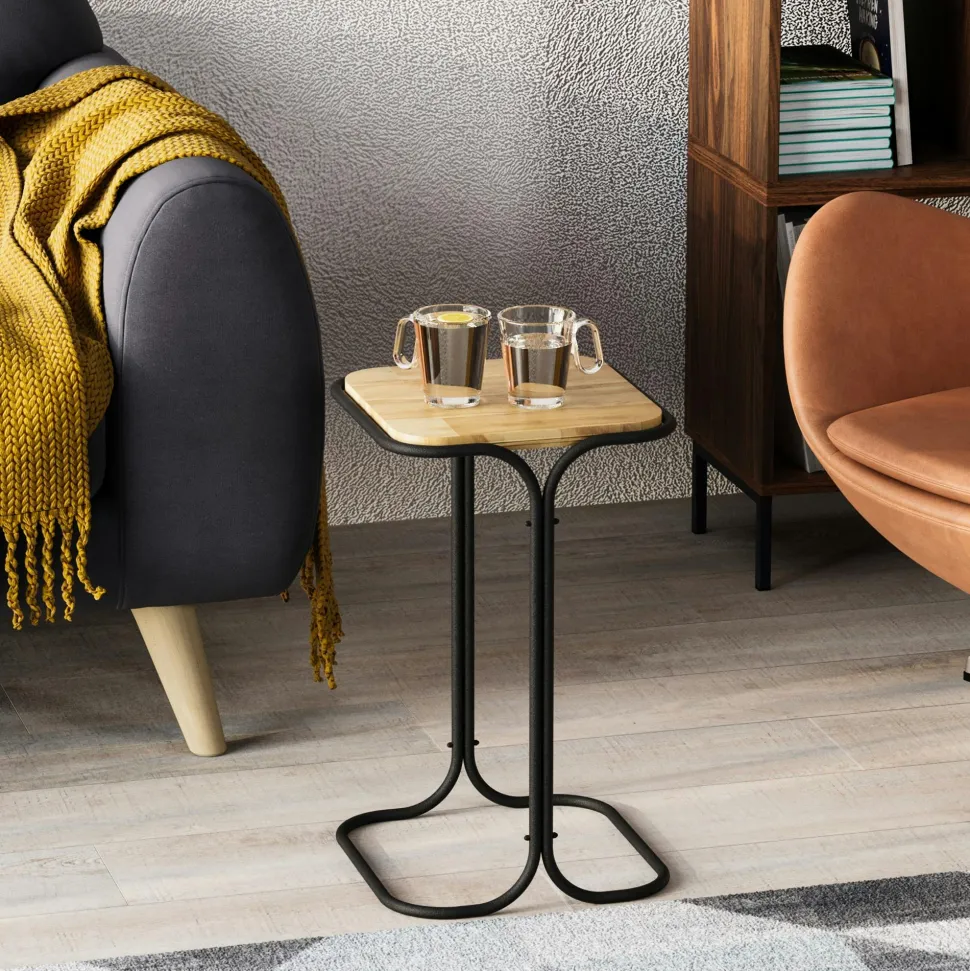 Petite table d'appoint dorée carrée - plateau bois clair JENA