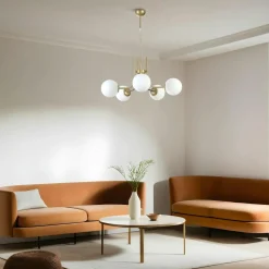 Plafonnier design métal doré 2 globes verre dépoli SIERRE