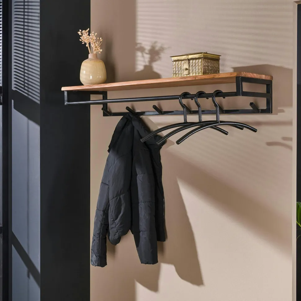 Portemanteau mural en bois d'acacia 6 patères + 1 tringle TRIBECA