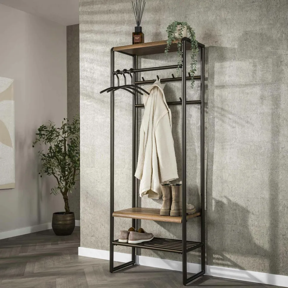 Portemanteau mural en bois d'acacia 6 patères + 1 tringle TRIBECA