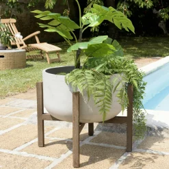 Pot de fleurs rond en béton pieds acacia D53 cm HERCULE