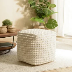Pouf carré laine ivoire effet tricot TIM