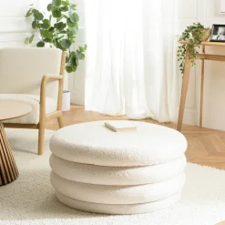 Pouf carré tissu bouclette écru pieds bois COLOMBUS