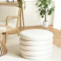 Pouf coffre rond tissu bouclette écru D58 cm COLOMBUS